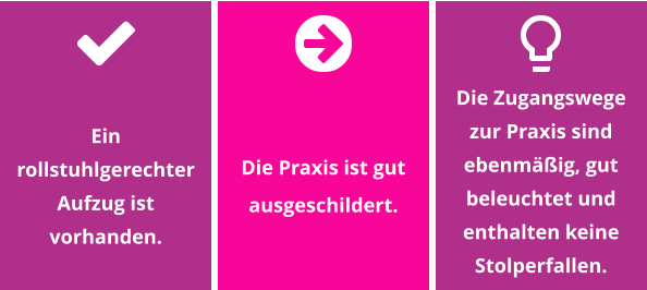 Ein rollstuhlgerechter Aufzug ist vorhanden. Die Praxis ist gut ausgeschildert.  Die Zugangswege zur Praxis sind ebenmäßig, gut beleuchtet und enthalten keine Stolperfallen.